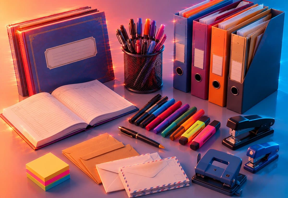 Colourful stationery flat lay